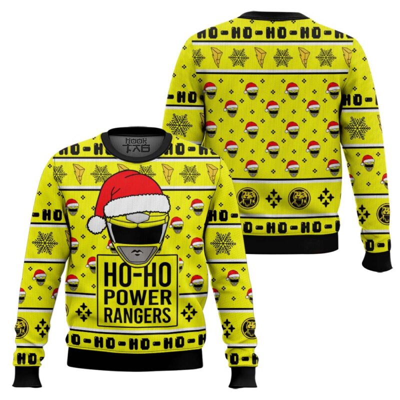 Hooktab Yellow Ranger Ho-ho Power Rangers Ugly Christmas Sweater Hooktab Yellow Ranger Ho-ho Power Rangers Ugly Christmas Sweater