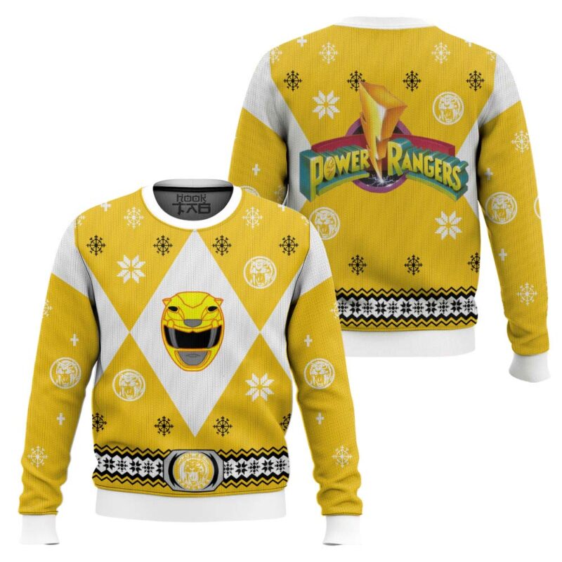 Hooktab Yellow Ranger Mighty Morphin Power Ranger Ugly Christmas Sweater Hooktab Yellow Ranger Mighty Morphin Power Ranger Ugly Christmas Sweater