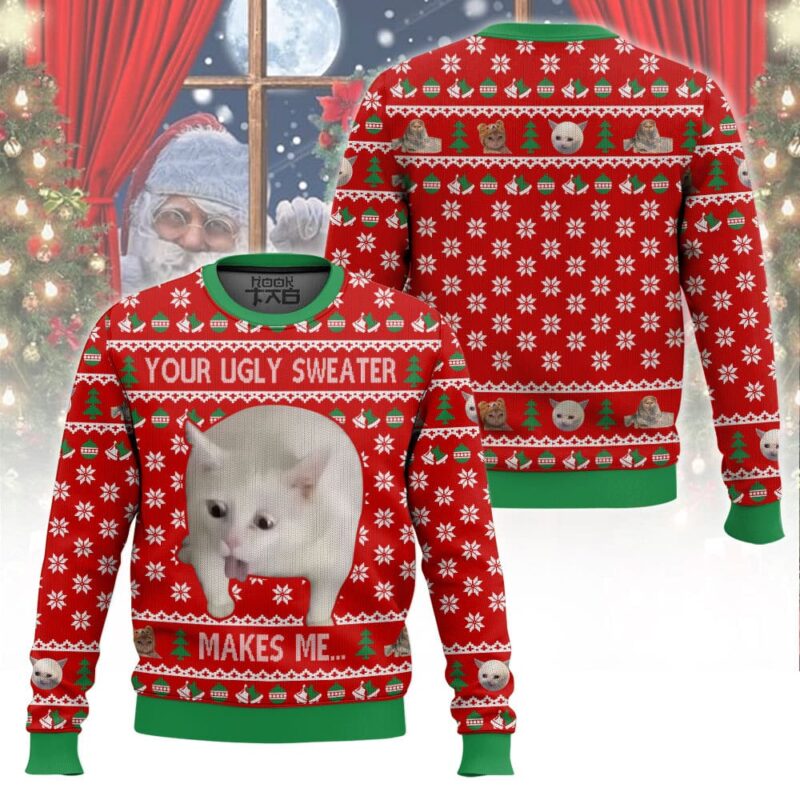Hooktab Your Makes Me... Cat Vomit Meme Ugly Christmas Sweater Hooktab Your Makes Me... Cat Vomit Meme Ugly Christmas Sweater