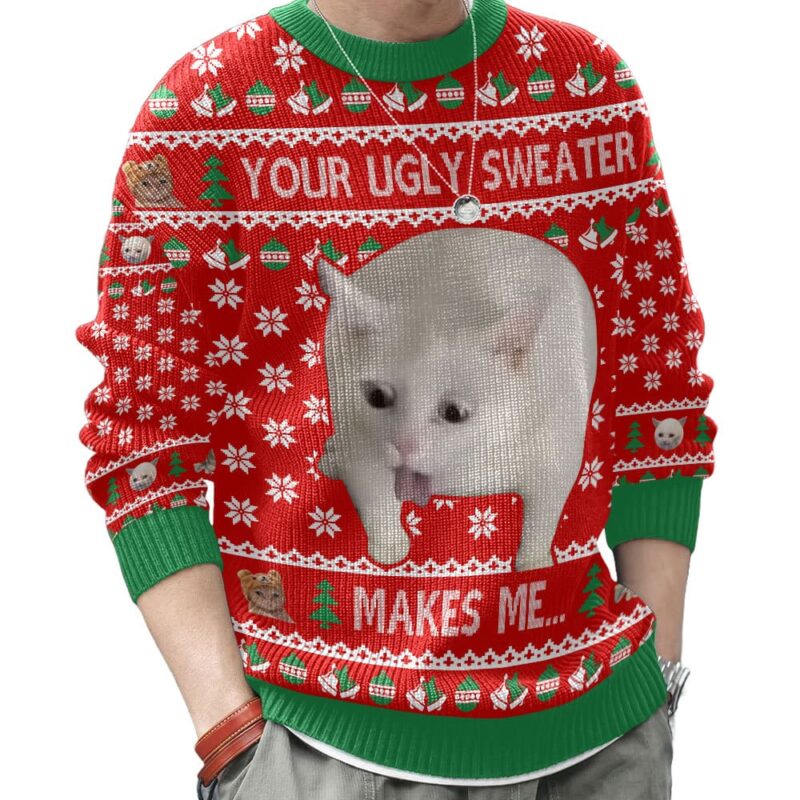 Hooktab Your Makes Me... Cat Vomit Meme Ugly Christmas Sweater Hooktab Your Makes Me... Cat Vomit Meme Ugly Christmas Sweater